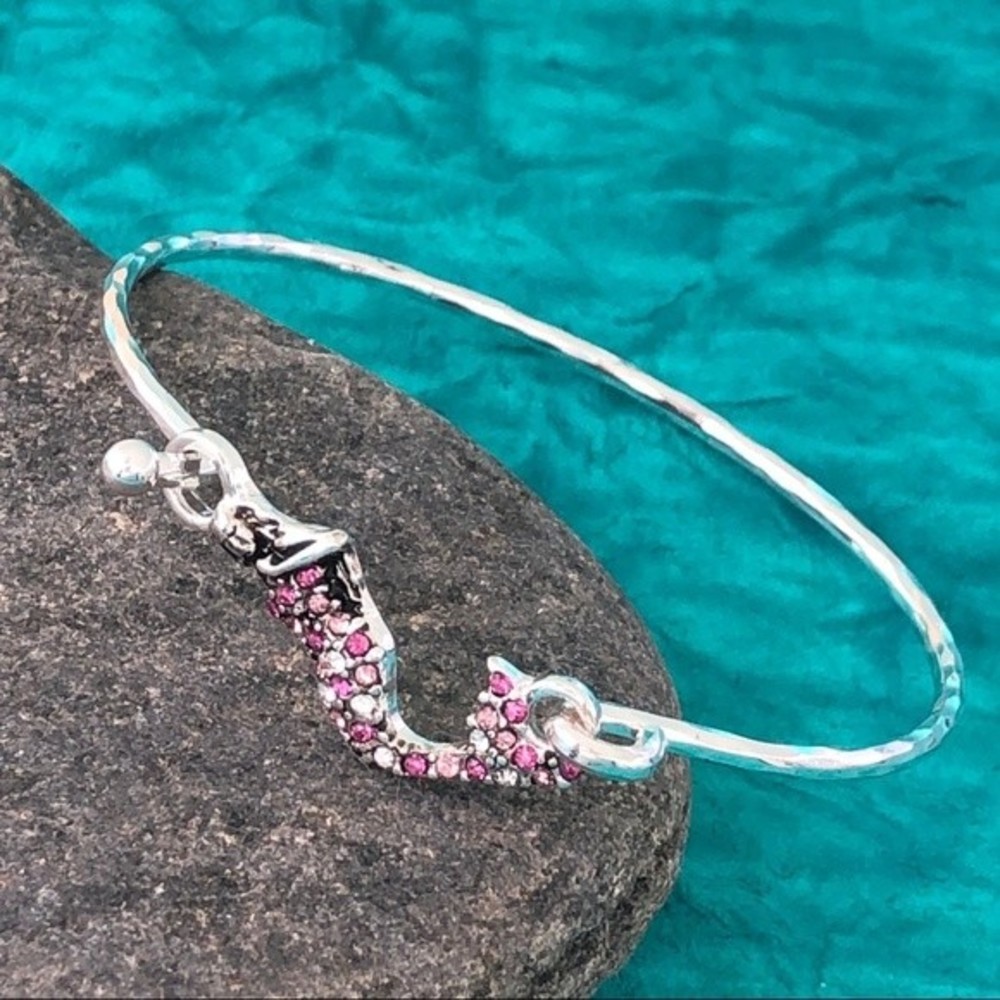 🌼 Mermaid Pink Rhinestone Silver Bangle Bracelet